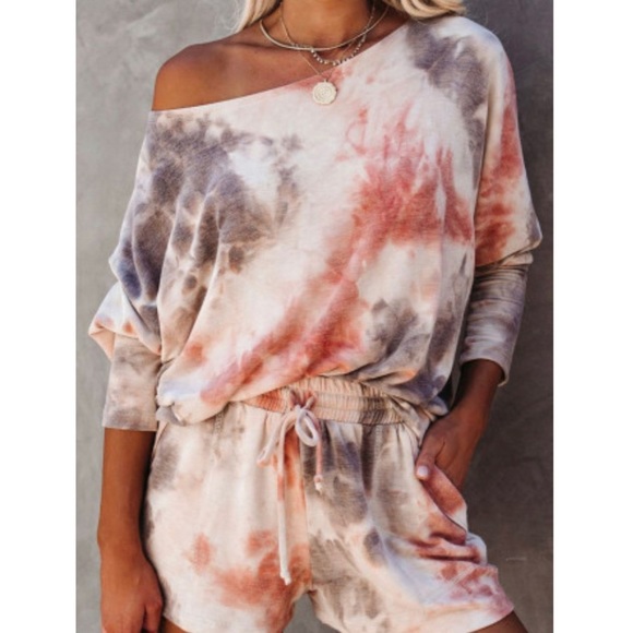 Other - Rust/grey Pocketed Tie-dye Knit Shorts Set